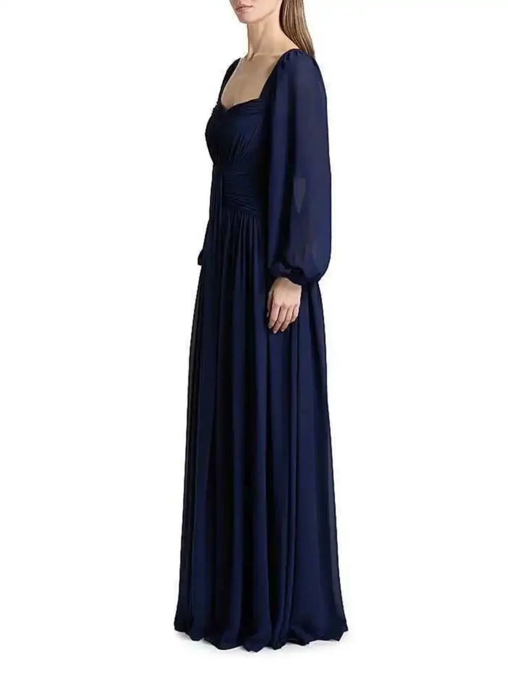 Badgley Mischka Queen Anne Pleated Georgette Gown $995 Navy sz 4 Long Sleeve